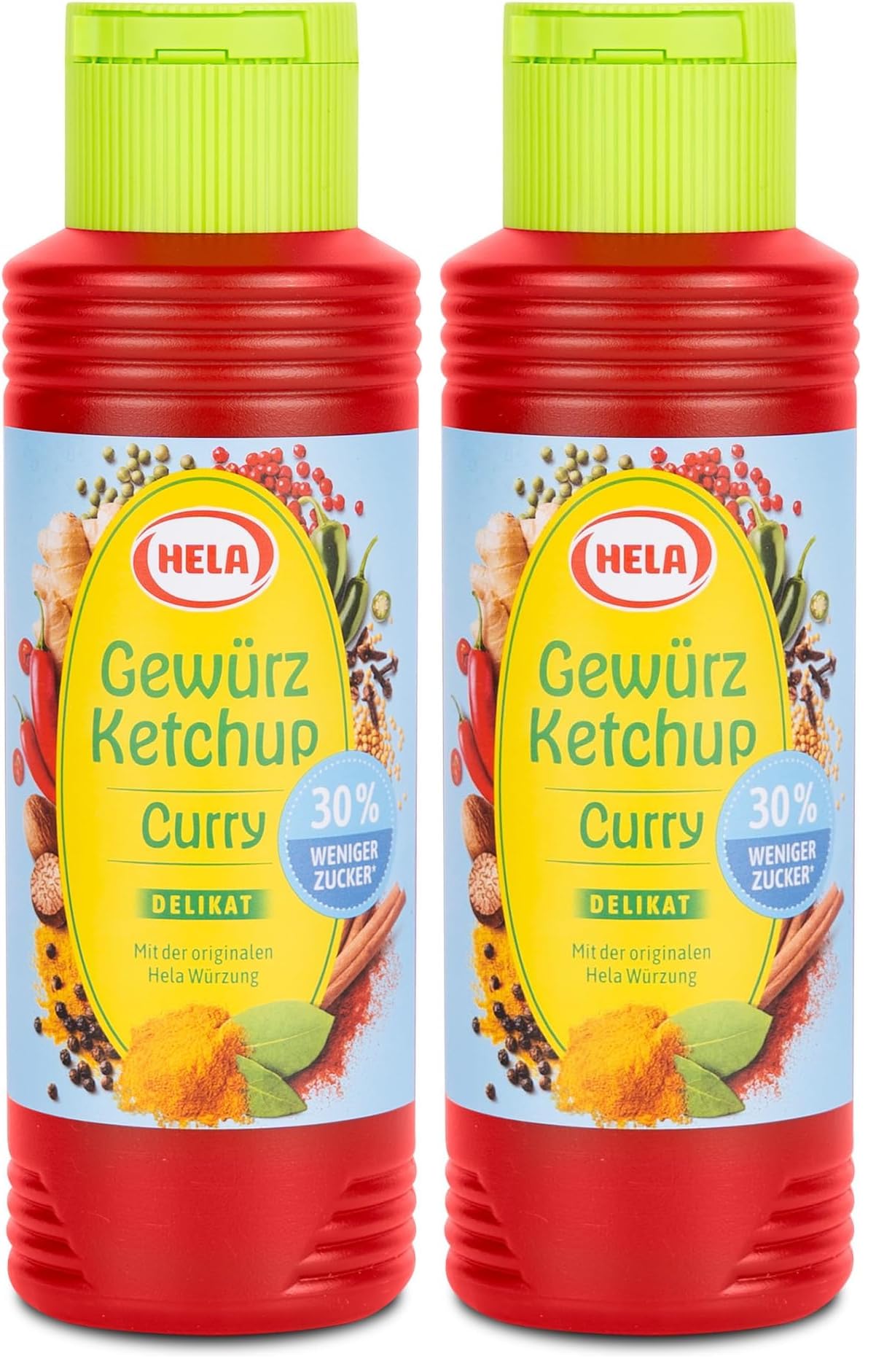 Hela Gewürz Ketchup Curry delikat 30% weniger Zucker und ohne Süßungsmittel 300 ml Ketchupflasche Gewürzketchup Flasche zum Dippen, Verfeinern und Genießen (Packung mit 2)