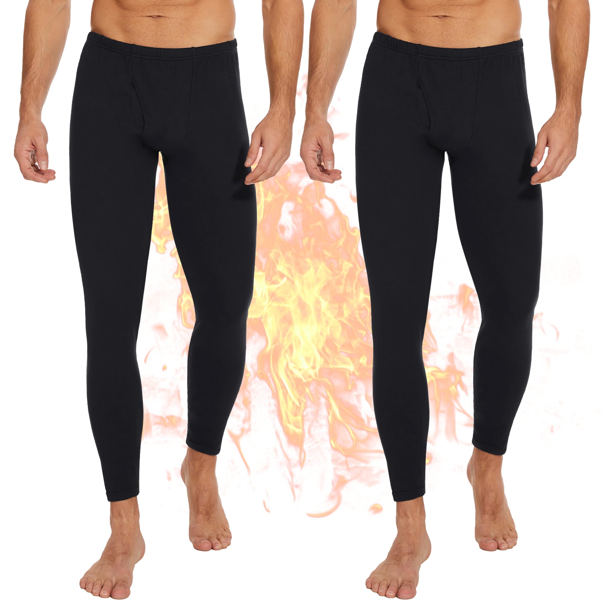 OBFUN 2 Pack Thermal Underwear for Men Pants Long Johns Bottoms Base Layer Cold Weather Fleece Lined Leggings Black XX-Large-picture-23