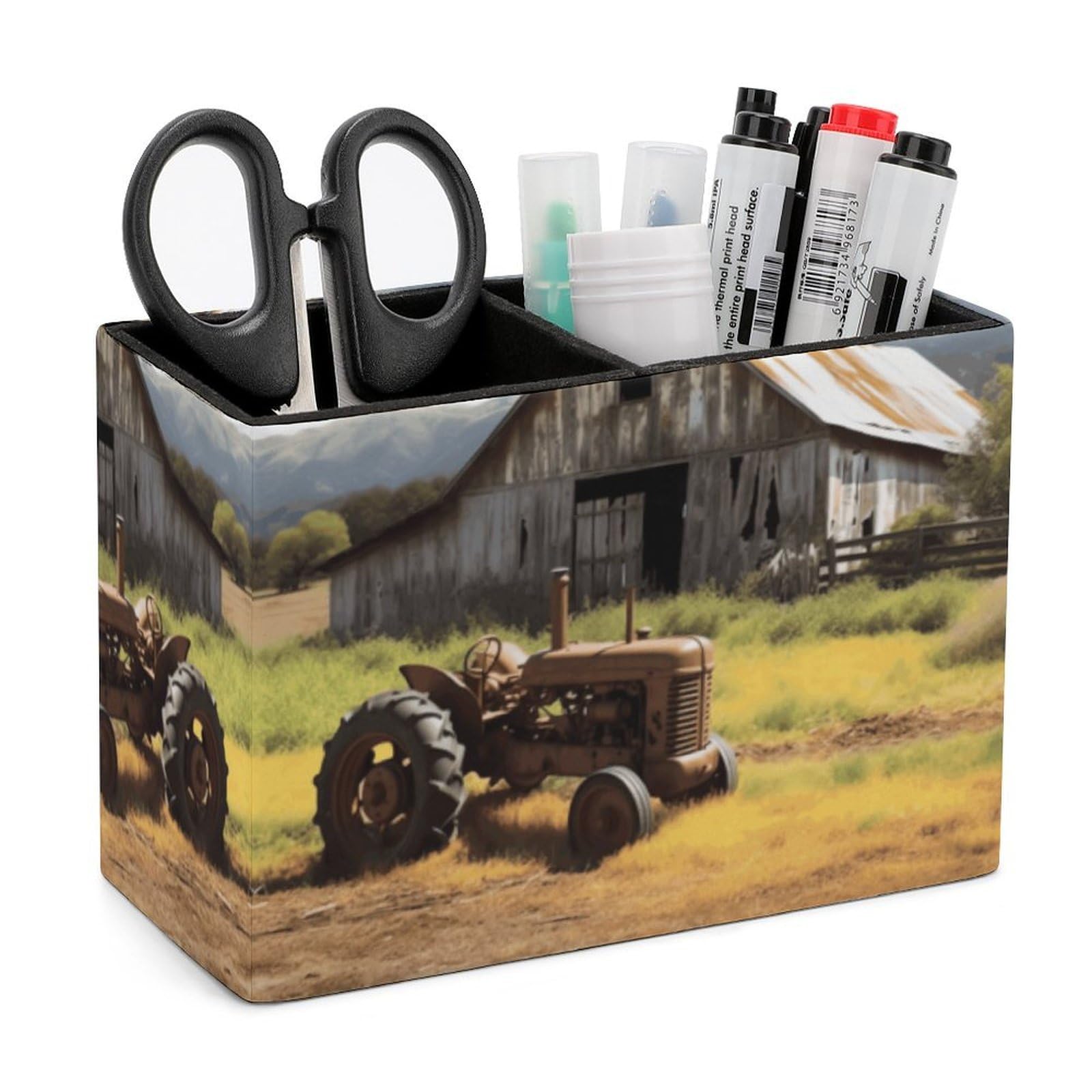 LZQPOEAS Exquisite Patterns PU Leather Pen Holder, Multifunctional Desktop Organizer Caddy with 2 Compartments, Old Wooden Barn with Rusted Tractor Pencil Cup Makeup Brush Holder for Office Home