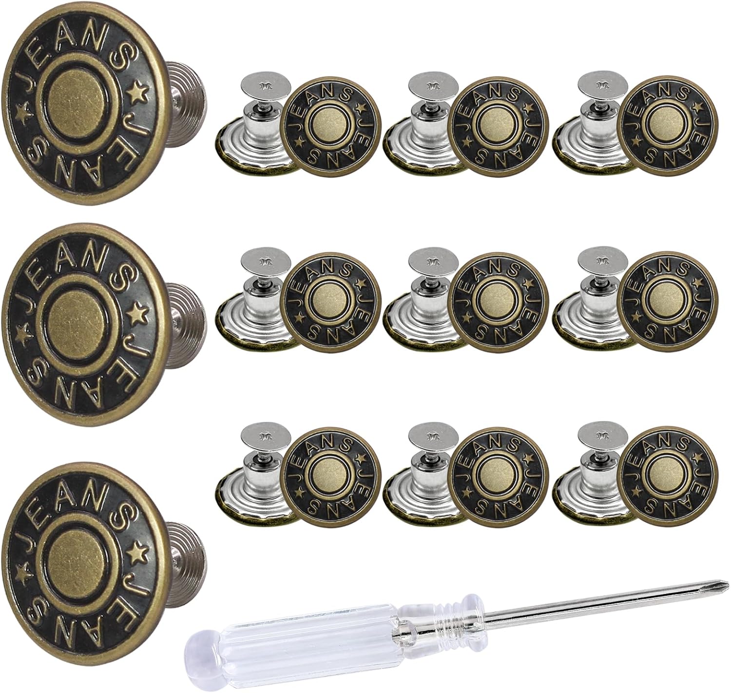 12 Sets Jeans Buttons Replacement, 17mm&20mm Adjustable No Sew Removable Metal Pants Buttons for Loose Jeans with Screwdrivers