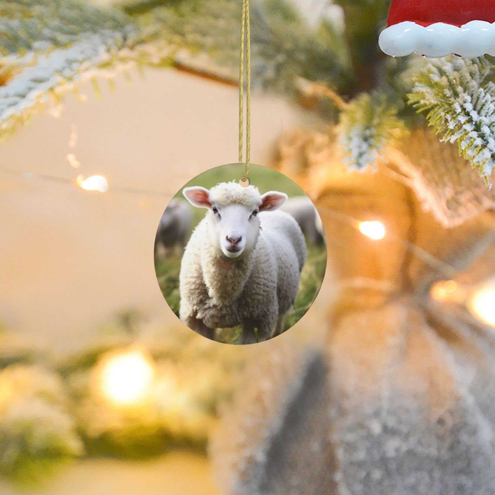 Christmas Ornaments for Christmas Tree Decoration Ceramic Hanging Cute Sheep Lamb Ornament with Gold Ribbon Crafts Round Pendant for Keepsake Gifts Glass Xmas Decor Party Supplies