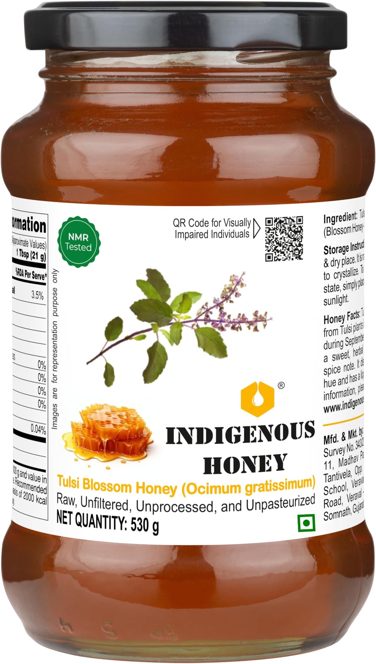 Tulsi Basil Honey Raw Natural Pure Unprocessed NMR Tested Unpasteurized Unheated 530g Glass Jar Pack of 1