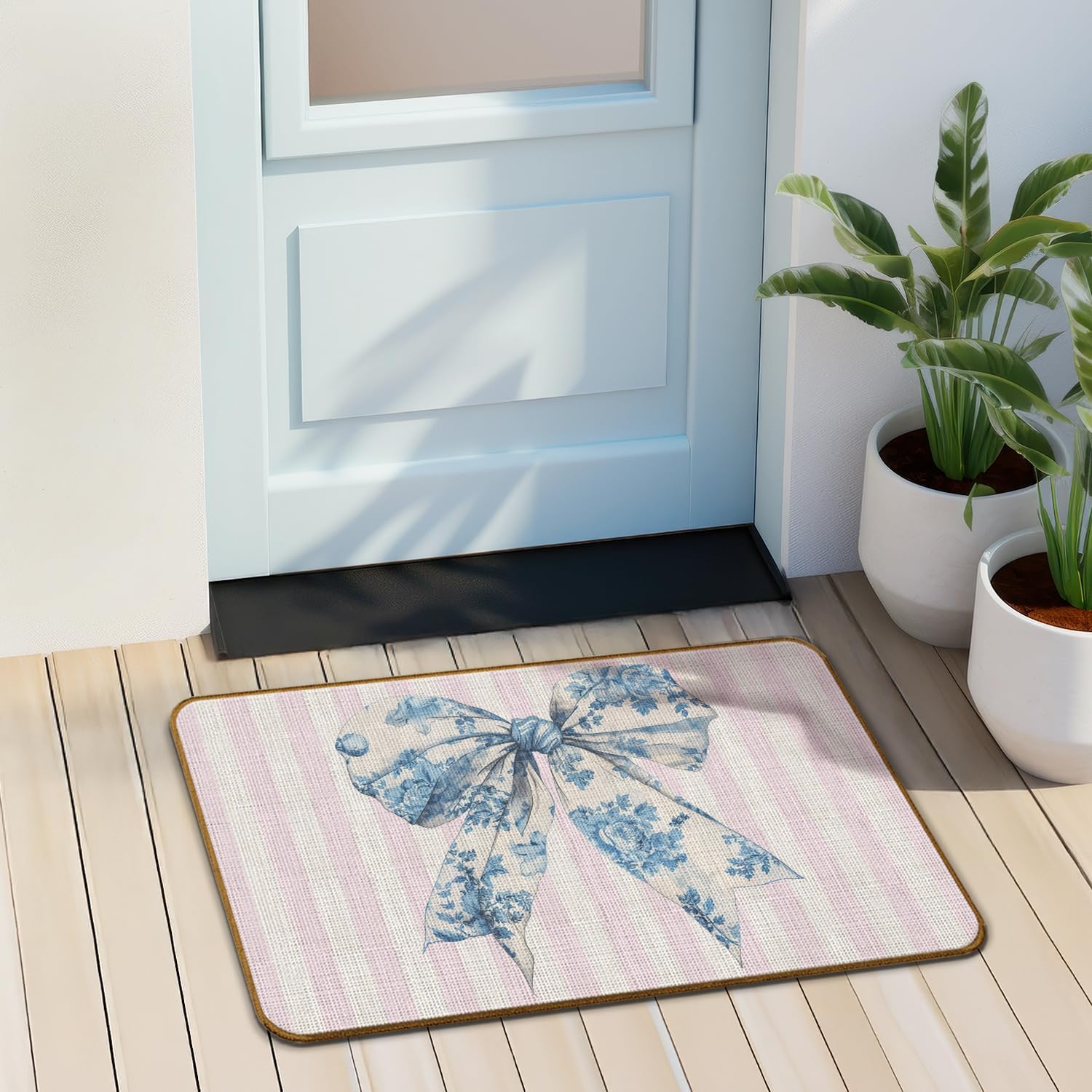Chinoiserie Floral Coquette Bow Doormat, Pink Striped Preppy Door Mat for Inside Outside Entrance Porch, Blue and White Bow Welcome Mats for Girls Room Bedroom Dorm, 17x30 Inches