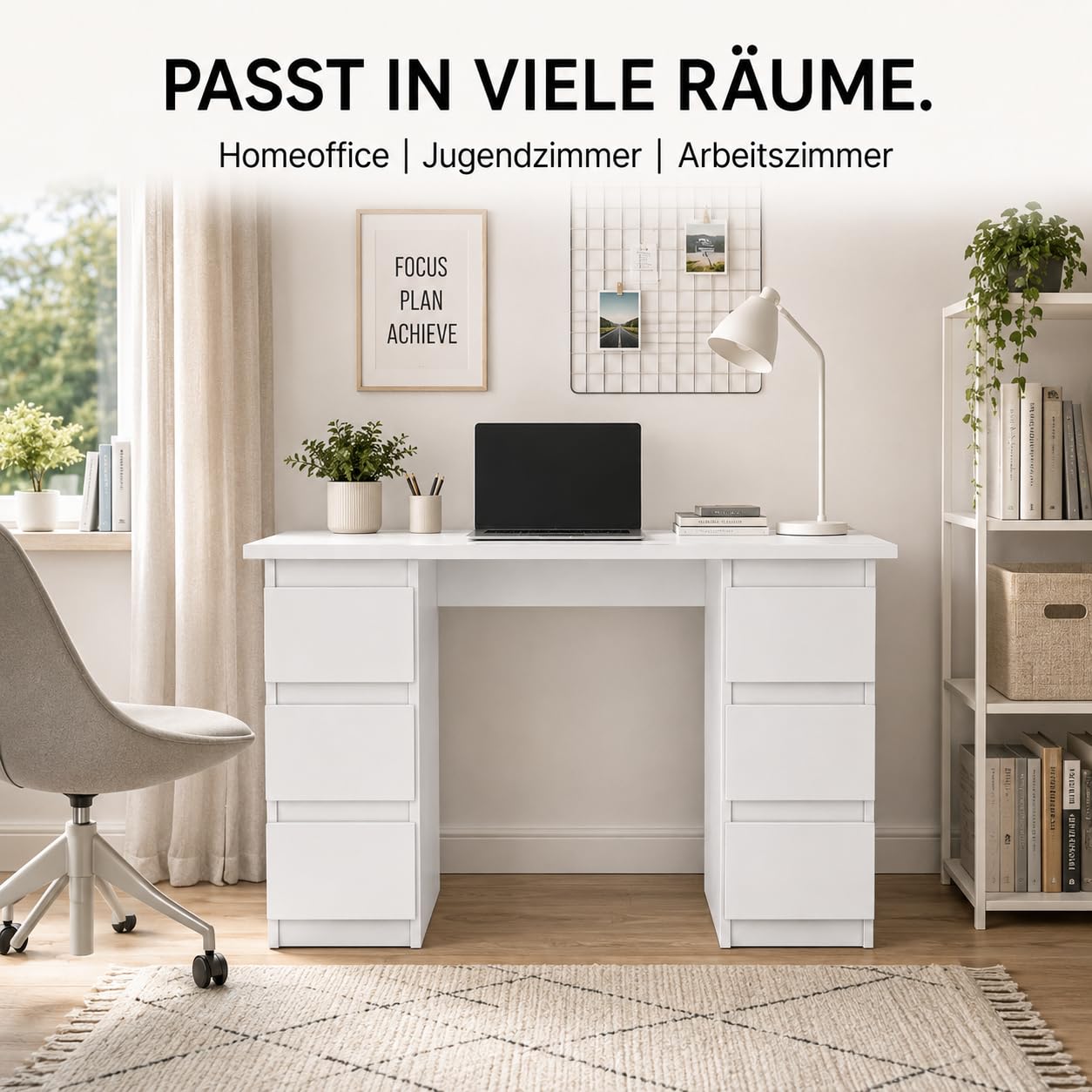 ELVA Schreibtisch 120 cm – Moderner Bürotisch mit 6 Schubladen, für Homeoffice, Arbeitszimmer & Jugendzimmer – 120x75x50 cm (Matt Weiß)