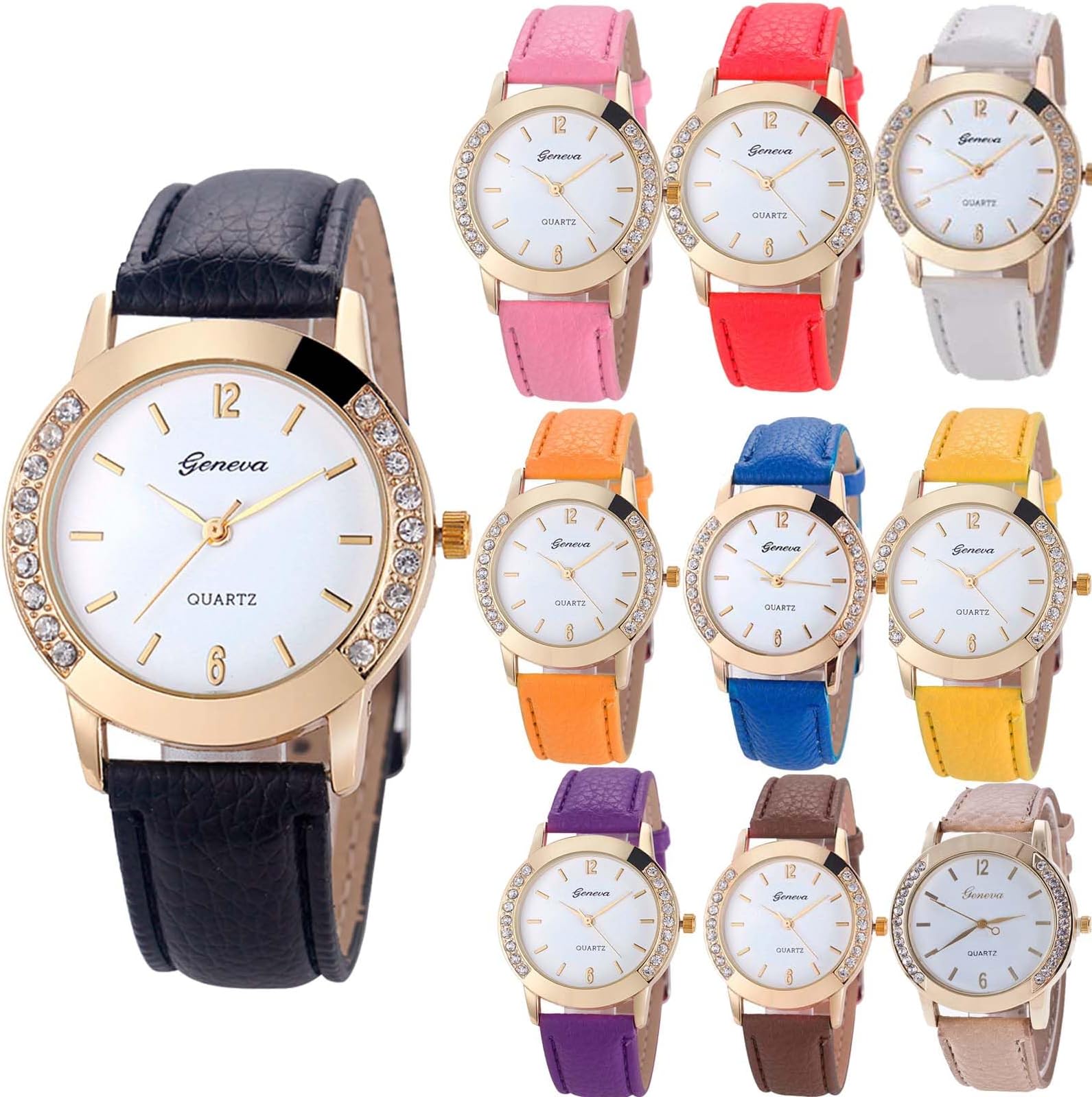 10 Pack Wholesale Women Watches Leather Rhinestone Inlaid Quartz Jelly Dress Wristwatch (10pcs-Leather Brand)