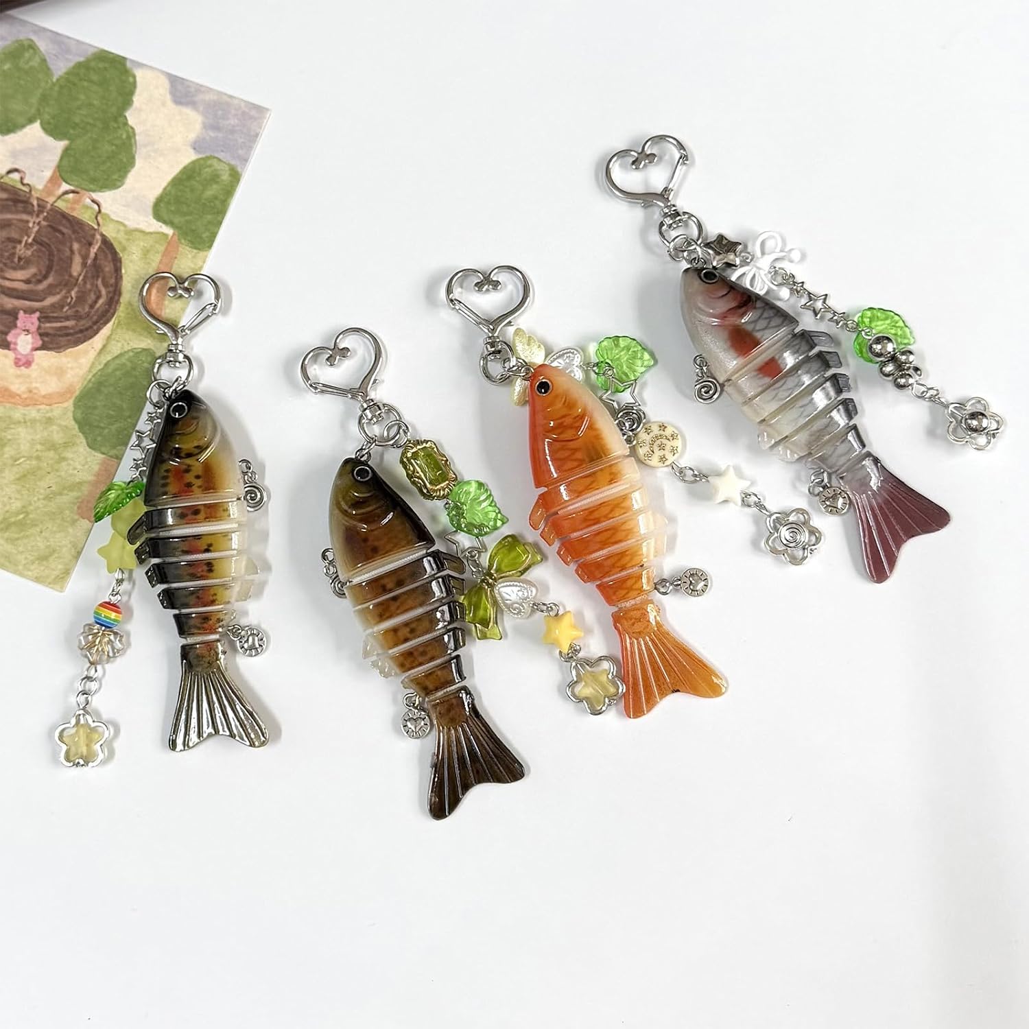 Fish Keychain Bag Charm Jointed Fish Pendant with Heart Clasp for Keys Backpacks and Phone Decoration(pattern 4) image 5