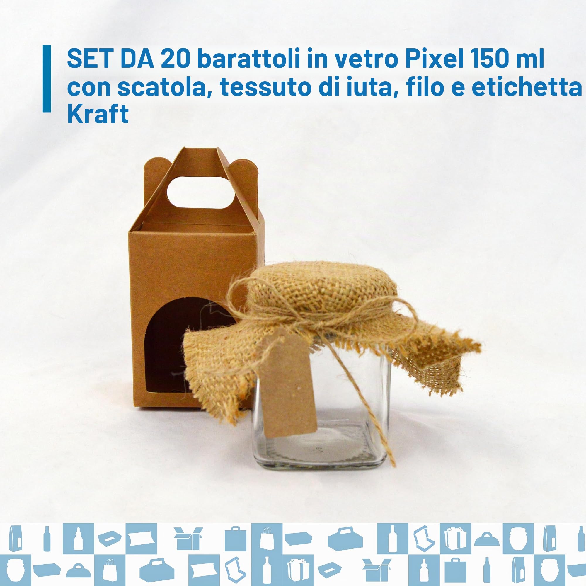 Espirito Rebelde Set 20 Barattoli di Vetro Quadrati 150 ml + 20 Scatole, Etichette Kraft, Tessuto e Spago – Vasetti per Spezie e Marmellata | Bomboniera