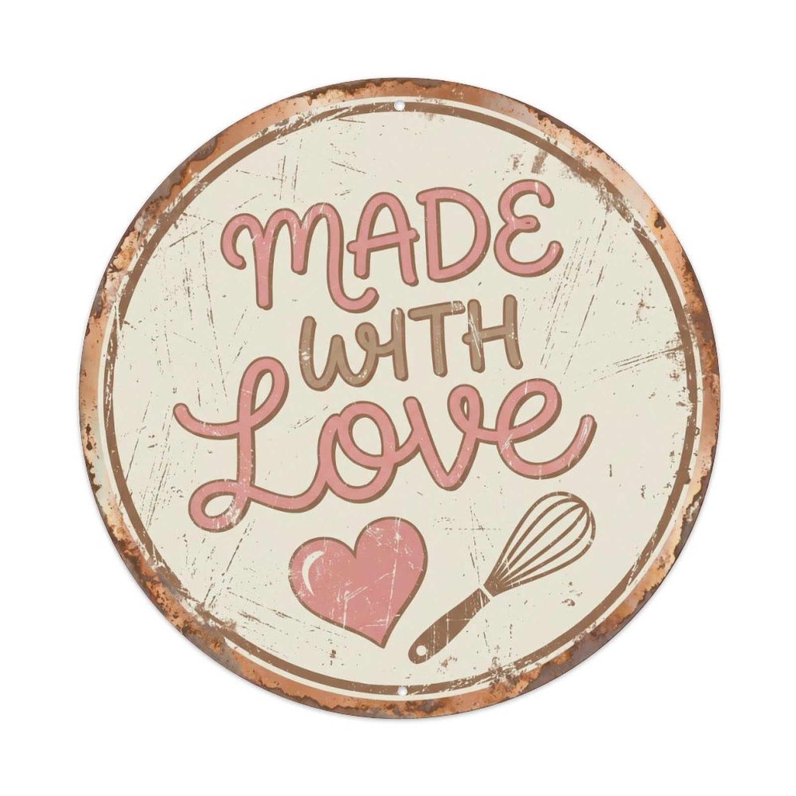 Cmhok Vintage Style Made With Love Nostalgic Kitchen Accessory Retro Slogans Metal Tin Sign Plaque Wall Decor For Cafe, Club, Garden Round Metal Poster 8X8inch
