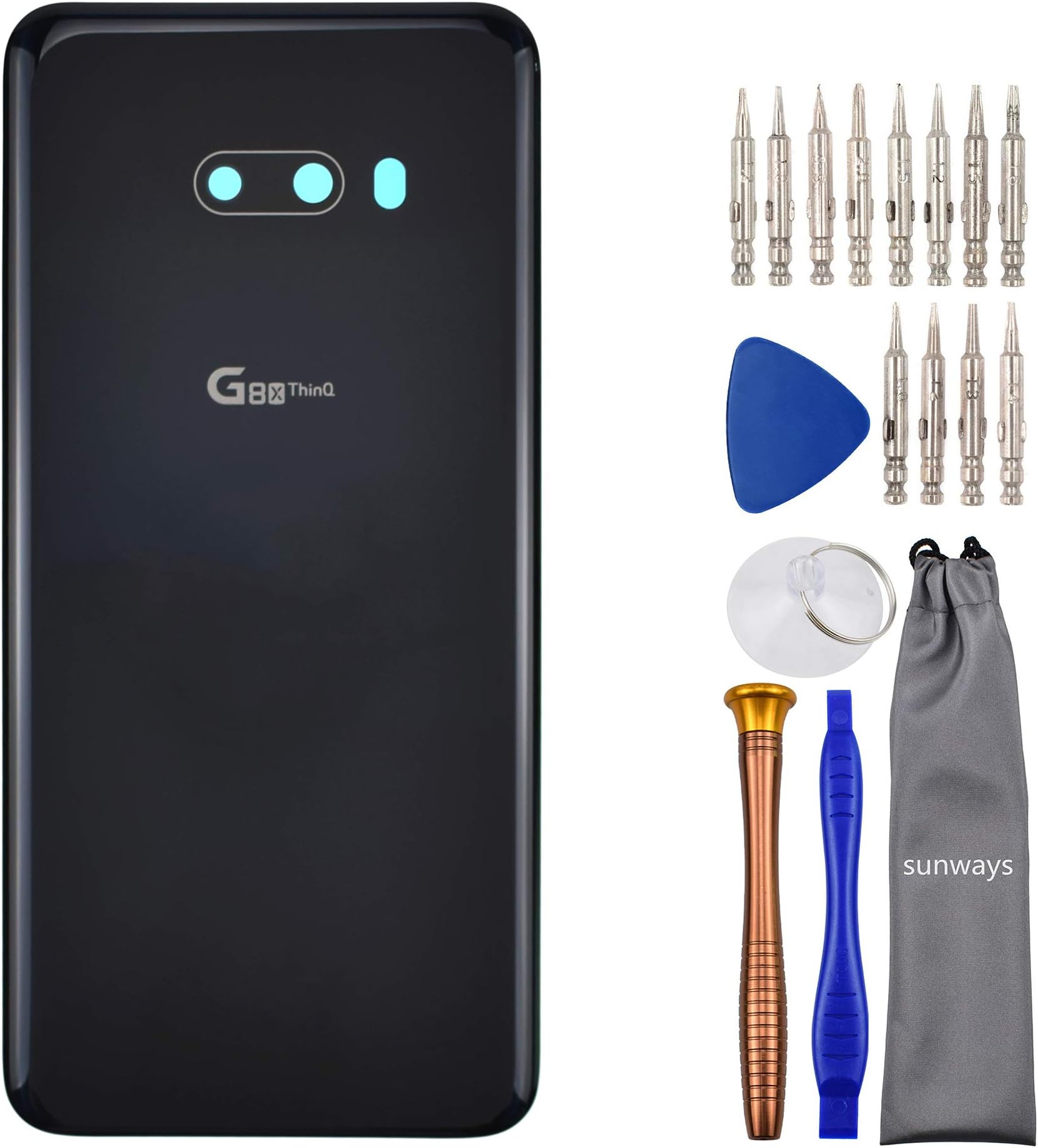 Sunways Glass Back Case Battery Door with Pre-Cut Adhesive on Case Replacement for LG G8X ThinQ LMG850EMW New Aurora Black