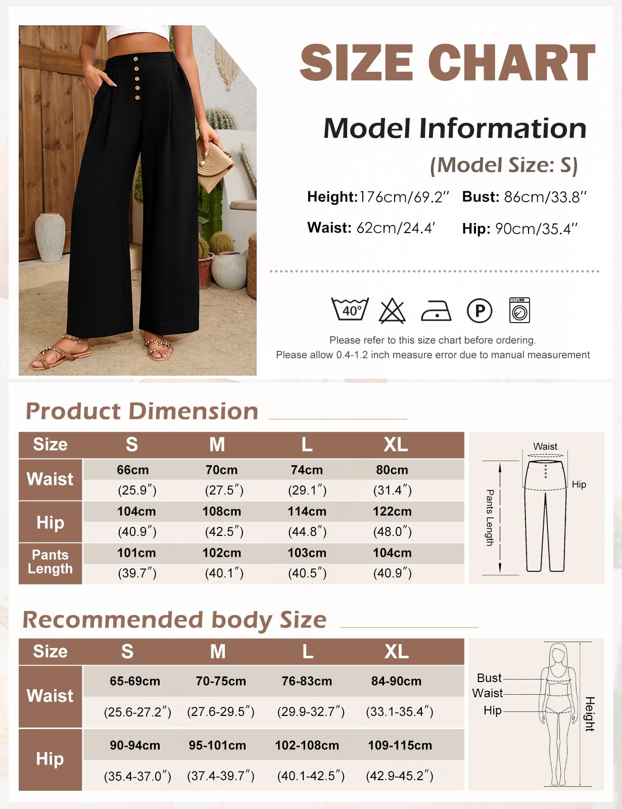 Heekpek Pantalon Large Fluide pour Femmes - Détente Léger d'Été Palazzo à Taille Haute avec Boutons - Causal à Taille Élastiquée