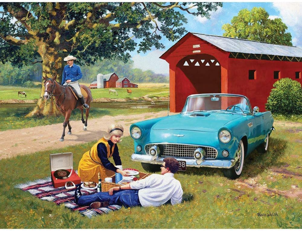 Bits and Pieces - 500 Piece Jigsaw Puzzle for Adults 18" x 24" - T Bird Summer - 500 pc Romantic Couple Picnic Country Dirt Road Horse Bridge Farm Jigsaw by Artist Kevin Walsh