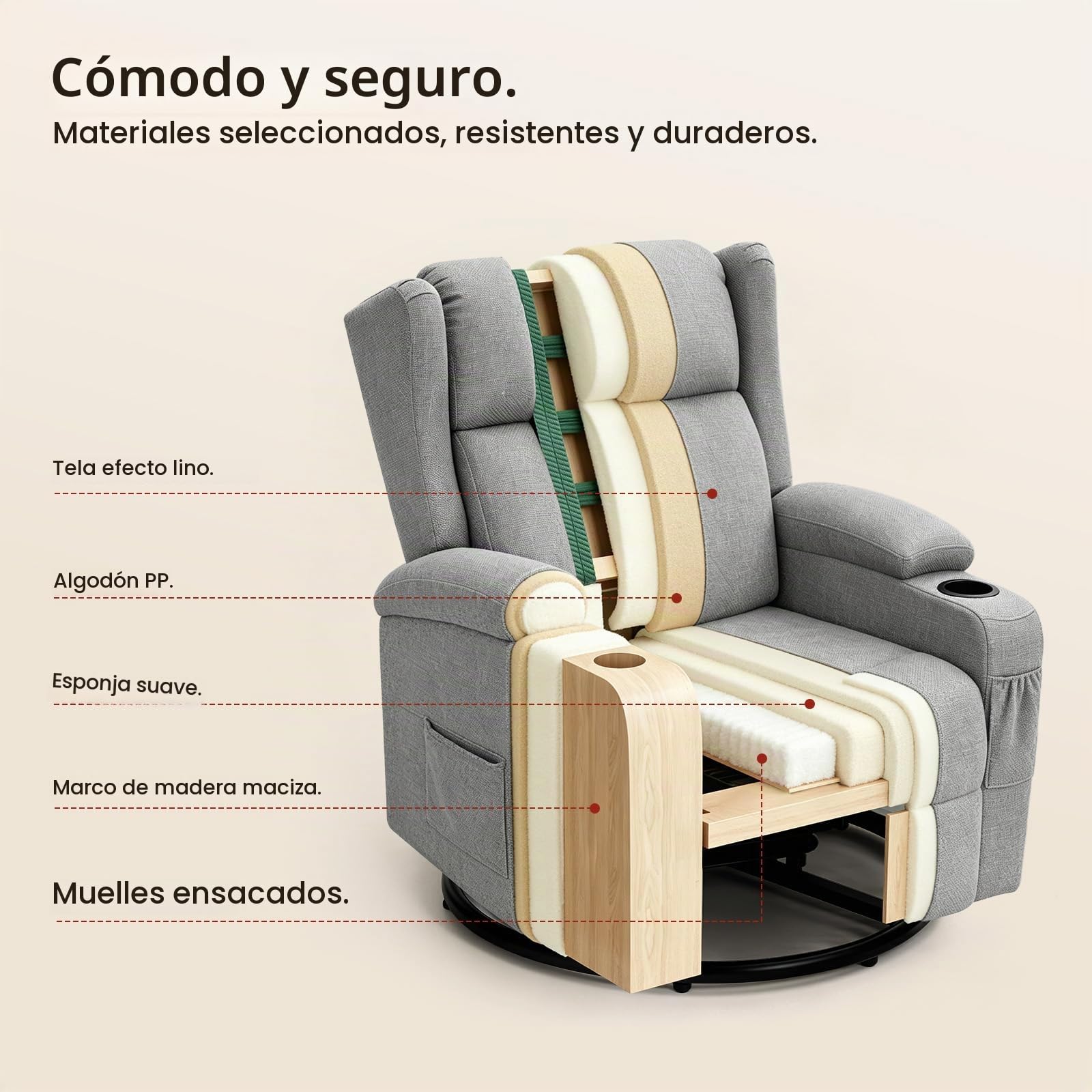 WOLTU Sillón Relax Reclinable, Giratorio 360°, Lino Sintético, Gris | Sofa Individual Función Balanceo y Respaldo Ajustable, con Reposapiés, Bolsas Laterales y Portavasos, Carga 150 kg