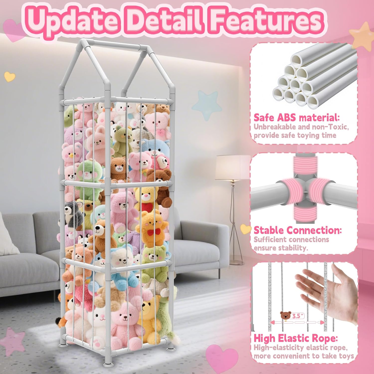 Stuffed Animal Storage with Suction Cups, Upgraded ABS Stuffed Animal Holder, Toy Storage Organizer with Elastic Bands, Plush Toy Organizer for Nursery, Playroom, Kids Bedroom (White) - Image 6