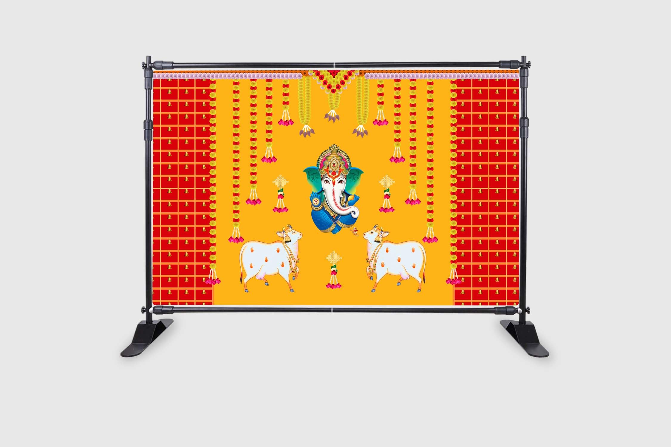 Ashvath Fashion Marigold Flower with Cows and Ganesh ji Design Backdrop Cloth for Pooja Decoration Traditional Background Curtain Cloth for Festival Size 5 Feet Height and 8 Feet Width(5 * 8)