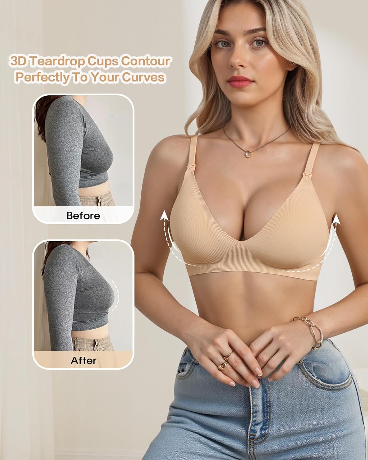 Deep V Wireless Push Up Bra for Women Seamless No Underwire Back Smoothing Everyday Comfort Bralette - Image 5