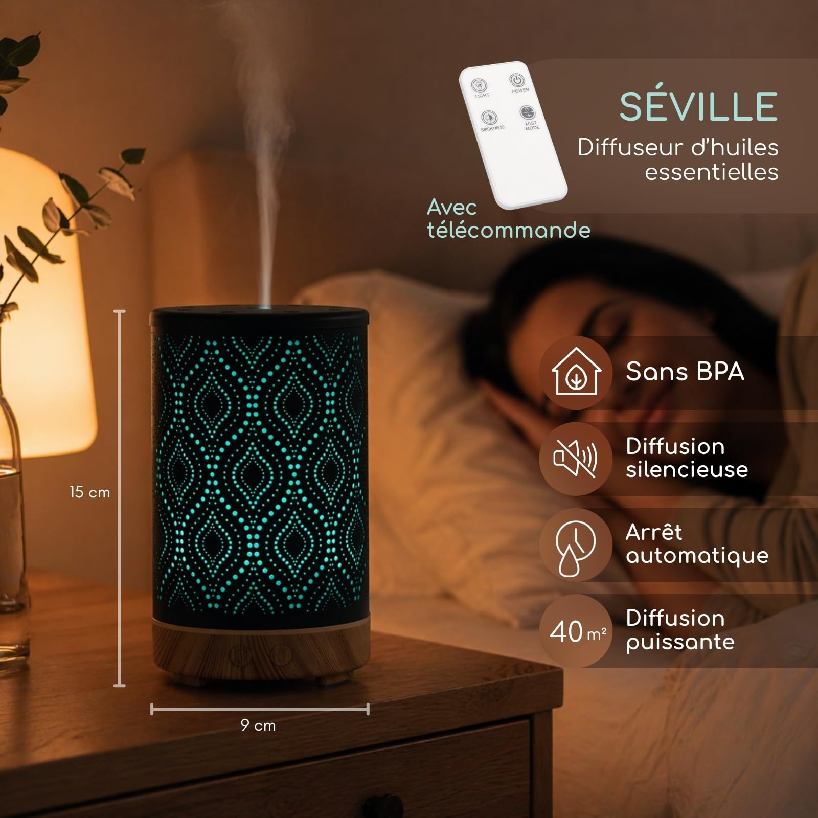 Zen’Arôme Diffuseur Ultrasonique Aromathérapie Séville, Diffusion Huile Essentielle à Froid, Diffuseur Électrique avec Télécommande, Éclairage LED Personnalisable, Coque en Métal avec Motif Original