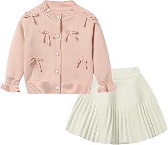 2 Piece Sets for Girls Sweater Skirt Set Bow Knot Cardigan Pleated Skirt 2T-6X
