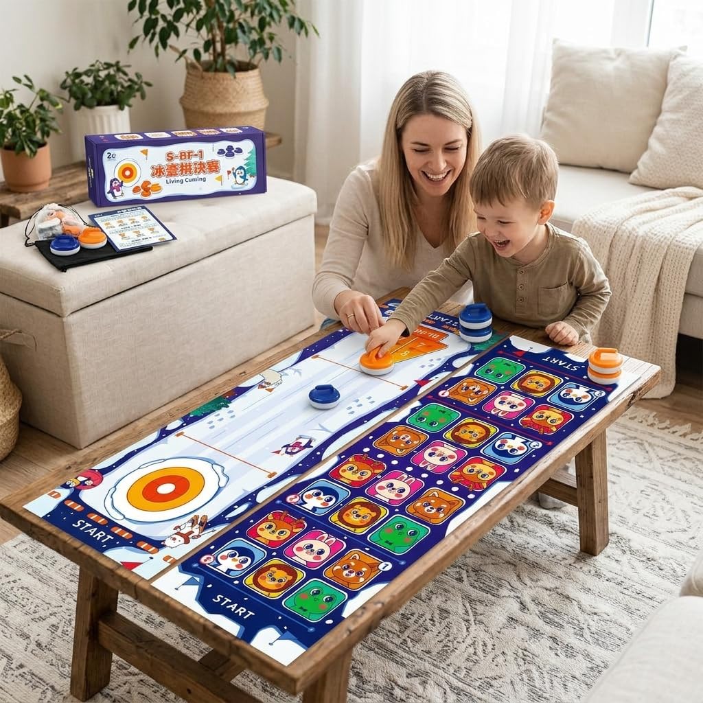 Tisch Spiel Set – Familienspiel Indoor für Kinder & Erwachsene, Tragbares Tabletop, Upgrade-Version [4-in-1] Tisch-Curling (vergrößert und verdickt)