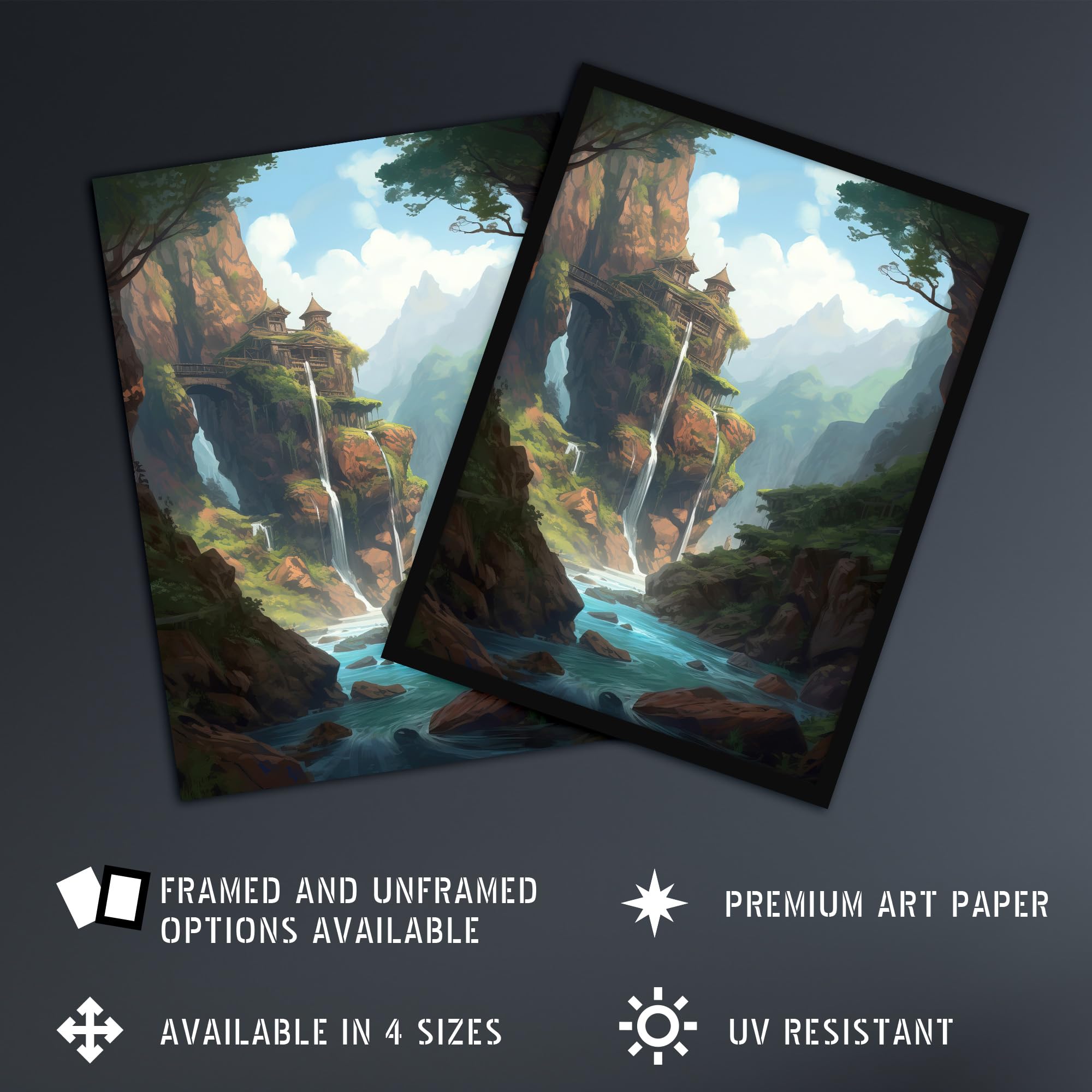 Artery8 Fortress on a Waterfall Cliff Concept Art Painting Fantasy Kingdom Entrance in Enchanted Forest Extra Large XL Wall Art Poster Print - Image 2