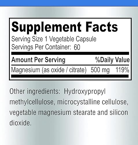 Miniatura 6 de Complejo de citrato de magnesio de alta absorción, 500 mg de citrato de magnesio y óxido - Apoya el sueño tranquilo, alivio de calambres musculares,