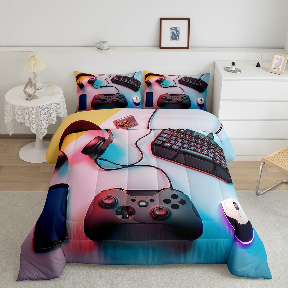 Feelyou Kids Boys Gamer Bedding Set Full Size for Toddler, Black Pink Blue Gamer Comforter Gaming Comforter Set Game Room Decor Duvet Set with 2 Pillow Case Room Decor Quilt Set Bedding Coll