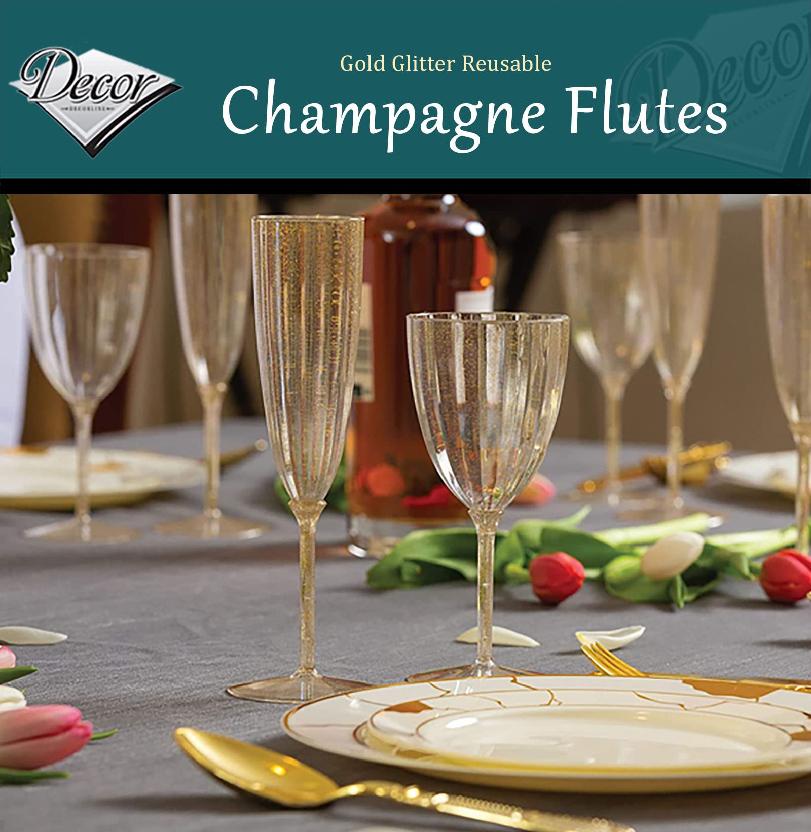 Decor Decorline - 48 Sektläser aus Premium-Kunststoff mit Goldglitter Stiel-Glas Wiederverwendbar Champagner Gläser für Hochzeiten & Partys, 170ml - Mehrweg & Stabil