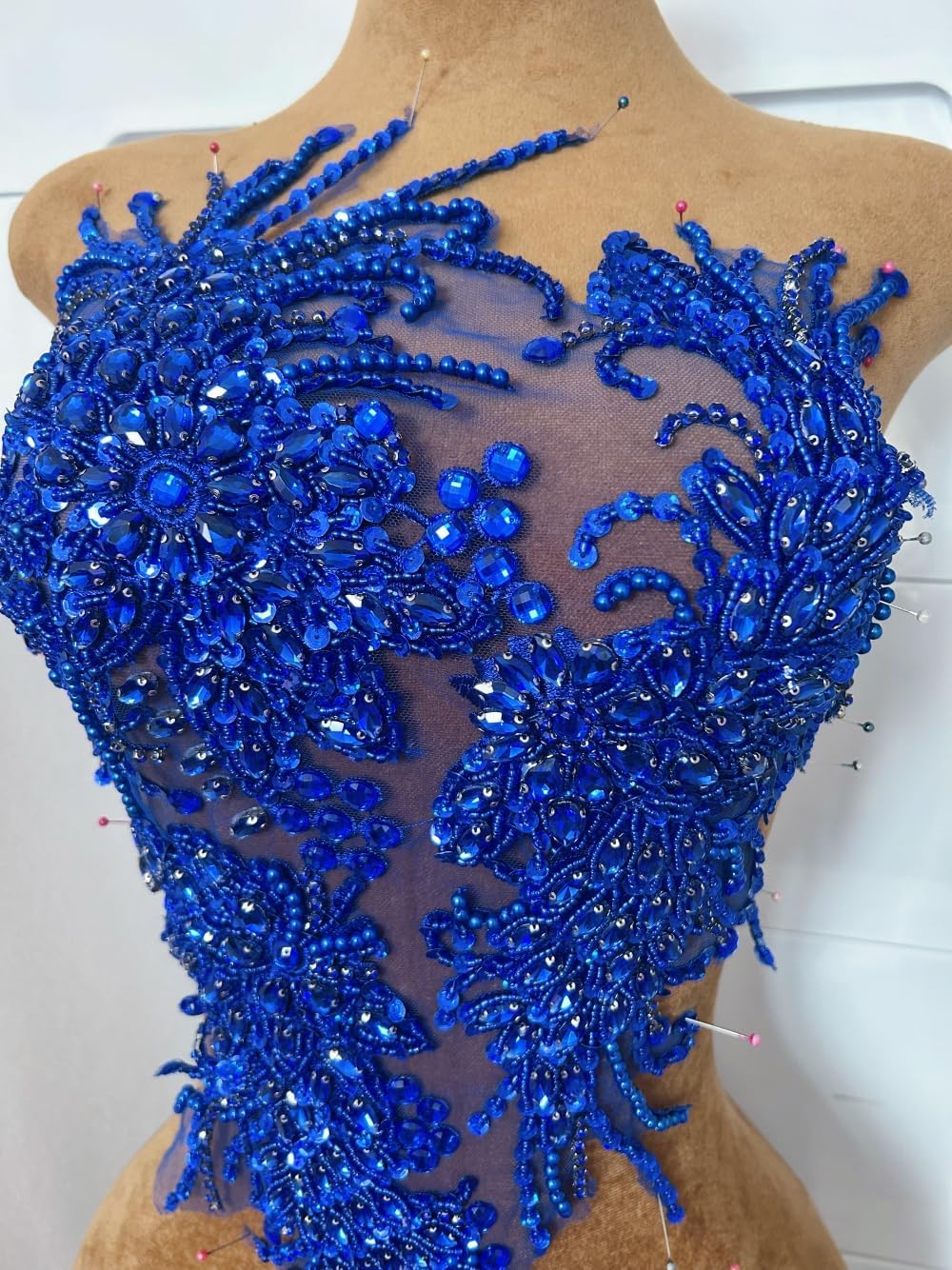 Hand Beaded Big Front Body Wedding Dress Gown Patch Patches Sew on Lace Appliques with Rhinestones Crystals Accessories DIY for Sewing Costumes Proms (Royal Blue)