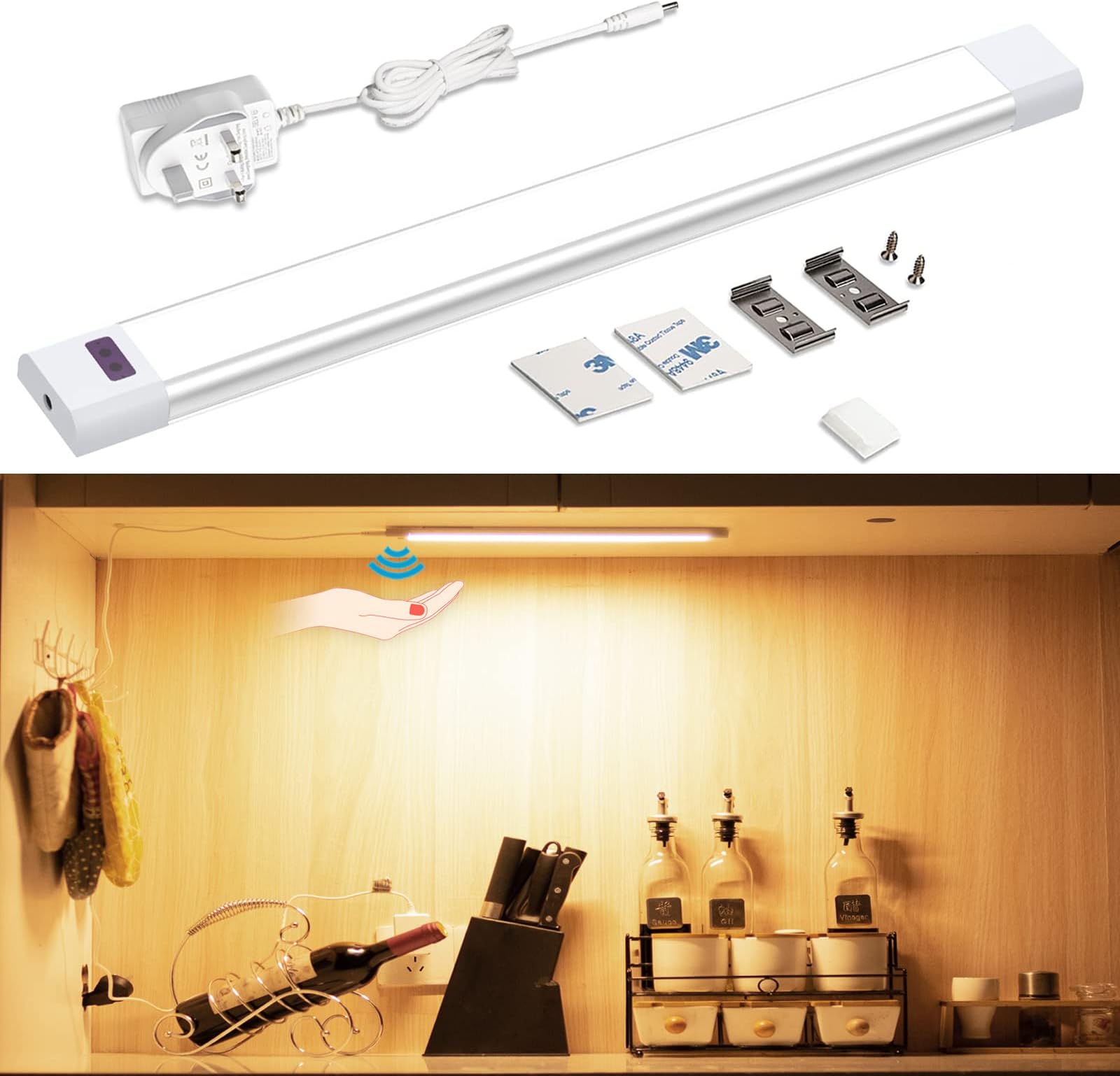 Under Cabinet Lighting,Hand Wave Sensing,Plug in LED Light Bar,30cm Super Bright Cabinet Lights Kit for Kitchen,Counter,Shelf,Desk,Workbench,2700K Warm White,1 Panel,5W,12V Adapter,280lumen
