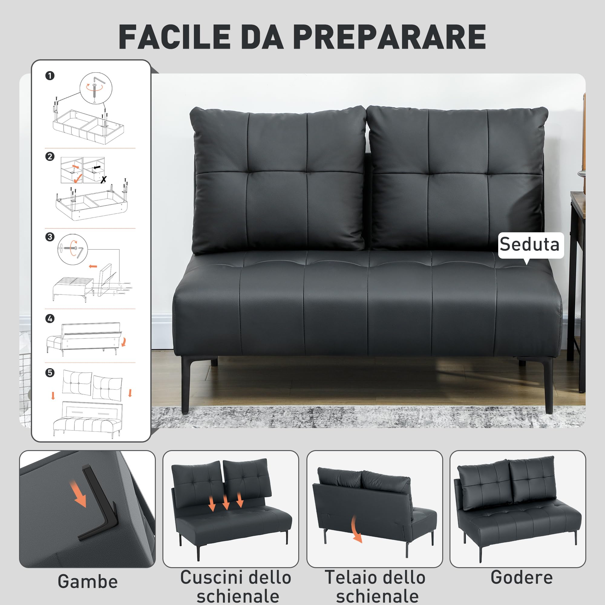 HOMCOM Divano 2 Posti Compatto in Finta Pelle, Divano Moderno Trapuntato a Bottoni con Imbottitura Spessa e Gambe in Legno, Divanetto Senza Braccioli per Salotto e Studio, 115x73x83 cm, Nero