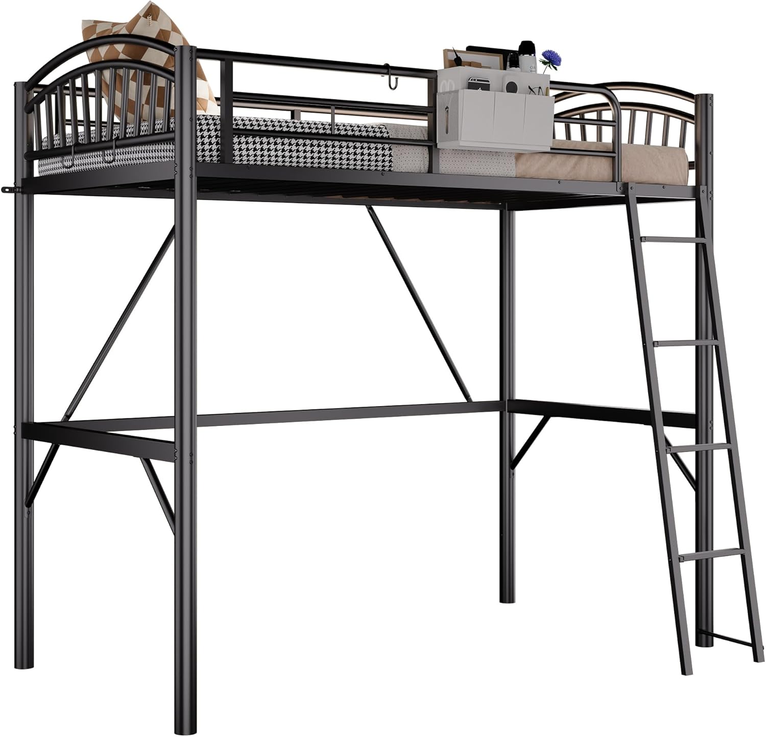 Metal Loft Bed Twin Size, Twin Loft Bed with Bedside Caddy, Convertible Ladder & Full-Length Guardrails, Space-Saving & Noise Free Design, No Box Spring Needed, Loftbed Frame for Teens Adults