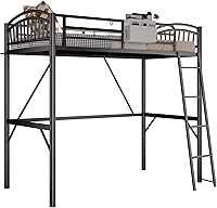 Vista 7 de Cama elevada de metal tamaño individual, cama elevada con cajón lateral, escalera convertible y barandillas de seguridad de longitud completa