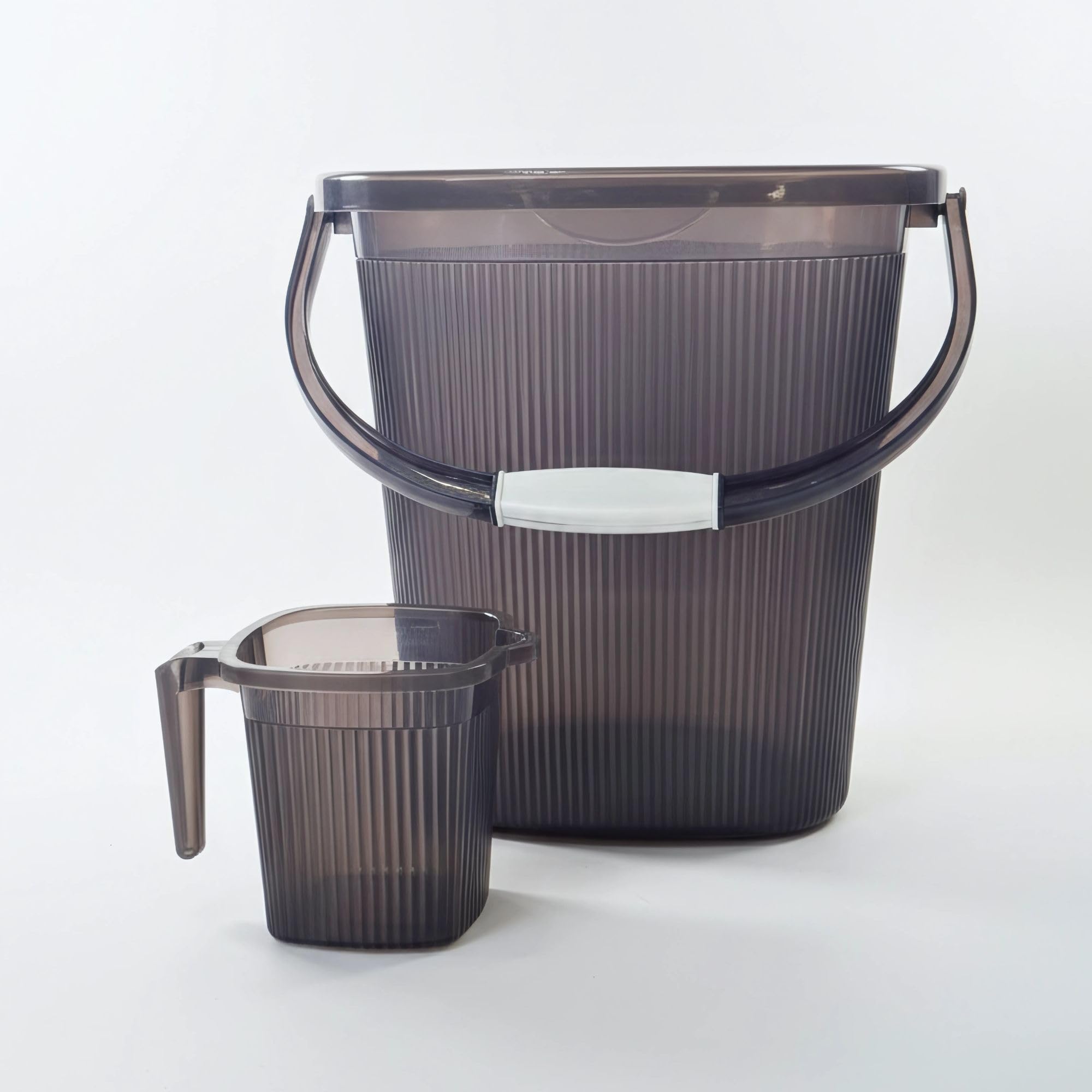 GALOOF Strong Plastic Bucket Mug Bathroom Set of 2 for Kitchen & Bathroom | Solid Color Striped Pattern Balti with Mug (Transparent Grey, 25 Liter Bucket + 1.5 Liter Mug) 3