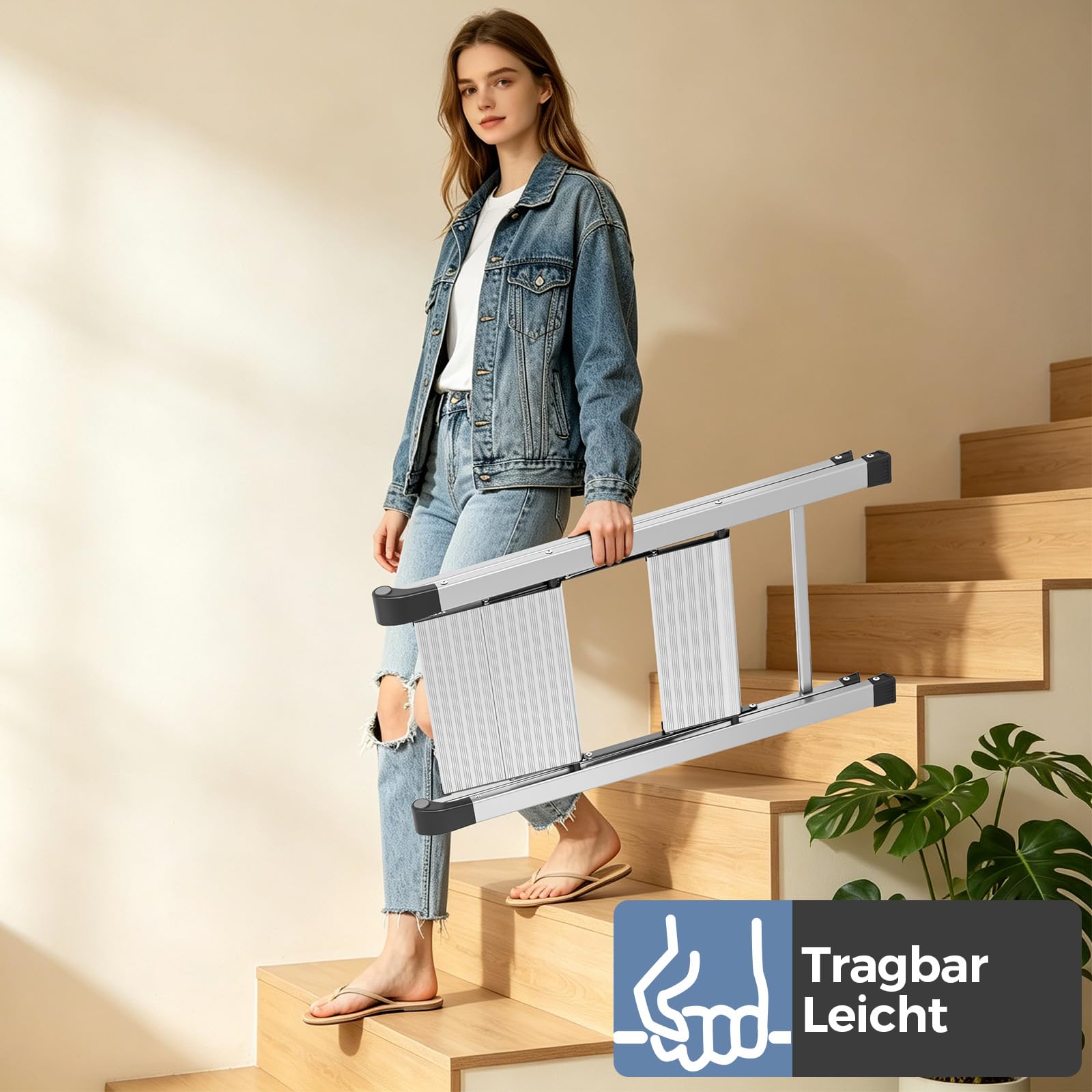 KINGRACK Trittleiter 2 Stufen Klappbar, Tritthocker aus Aluminium & Stahl | Klapptritt mit Breite rutschfeste Pedale, Sicherheitsverriegelung, bis 150kg, für Haushalt, Küche, Garage, Wohnmobil, Silber