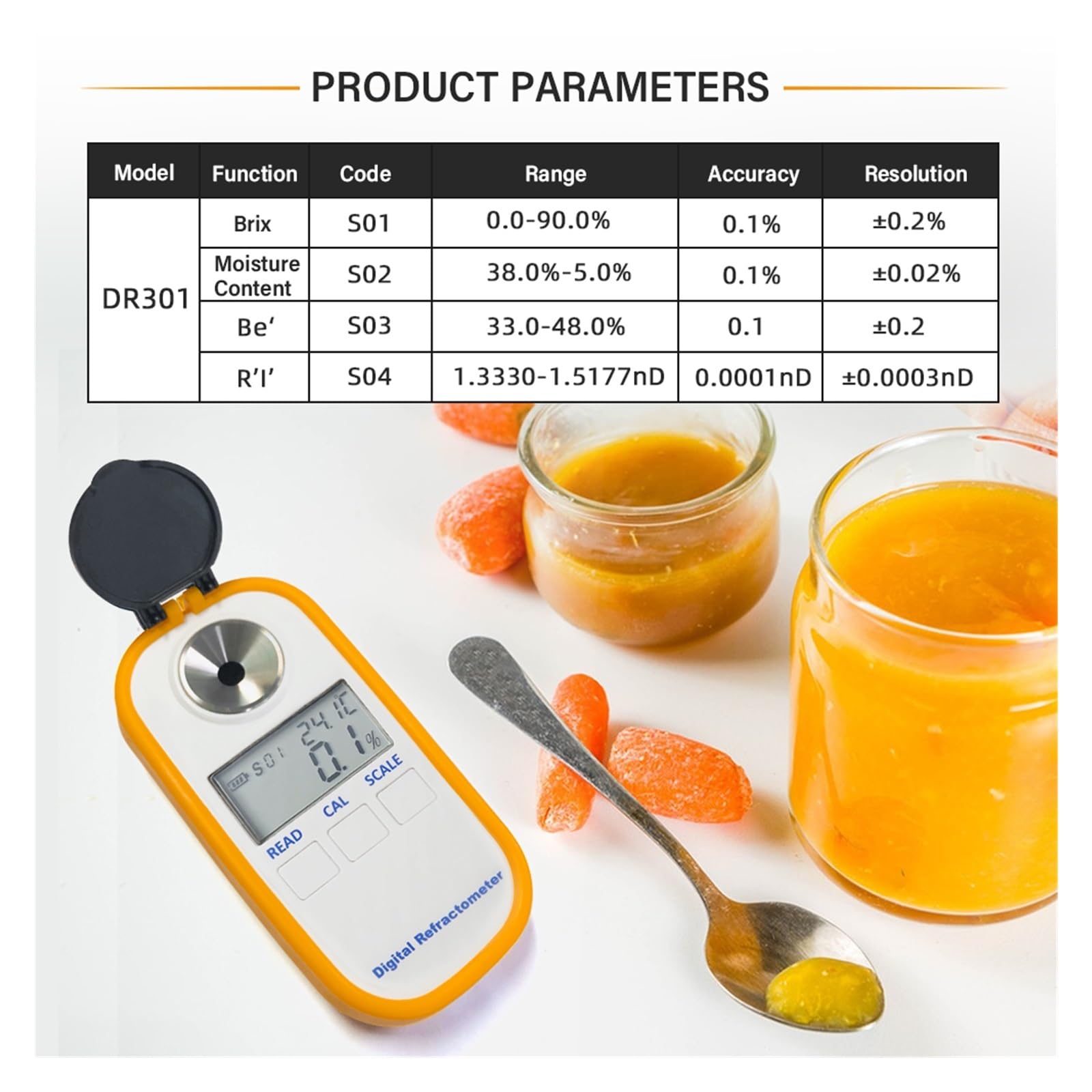 Refraktometer, 3-in-1-Digital-Honig-Refraktometer 0-90% 5,0% ~ 38,0% Feuchtigkeit 33,0~48,0 Baume Ahornsirup Melasse Malz Imkereibedarf