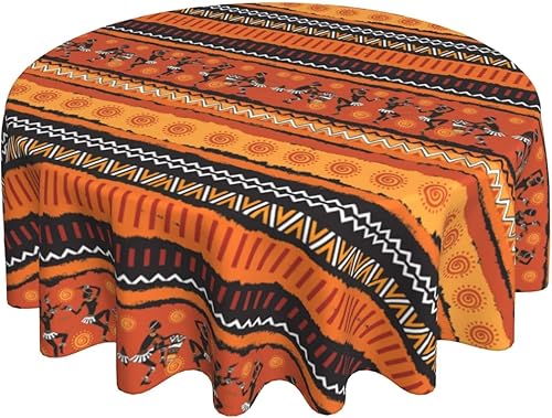 Miniatura 2 de Mantel redondo de 60 pulgadas, tela de poliéster lavable y lavable con estampado tribal de color naranja a rayas para decoración de cocina y hogar