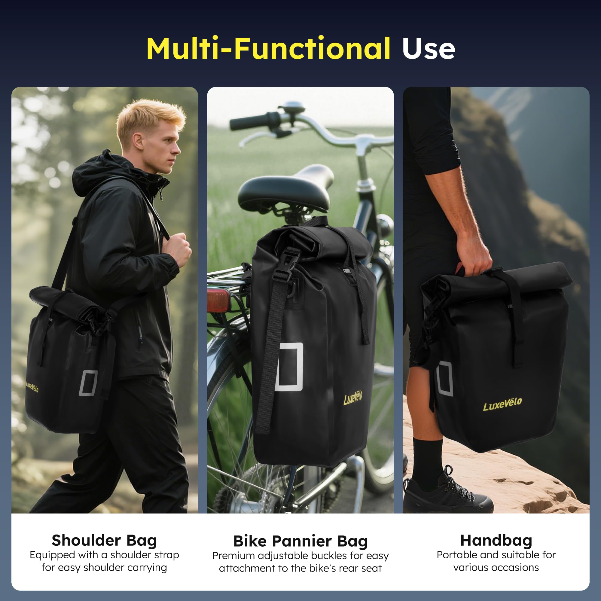 Bike Pannier, Waterproof 27L Pannier Bike Bag with Removable Shoulder Strap, Reflective Safety Design, Adjustable Clips Fit All Bike Racks, Bicycle Pannier for Cycling Commuting Travel