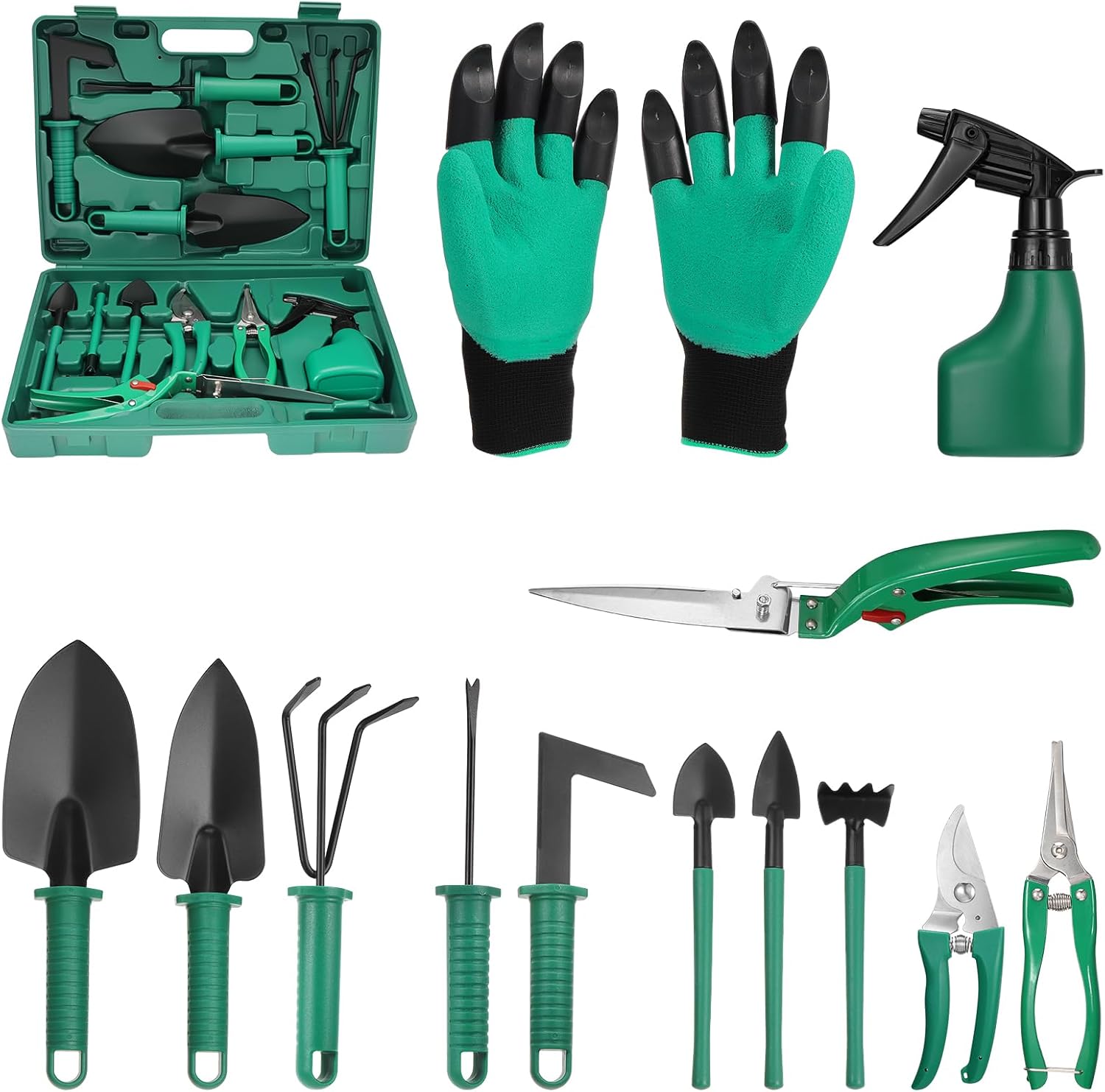 Coolty Gartenwerkzeug, 13-Teiliges Gartengeräte Set mit Aufbewahrungsbox, Garden Tools für Gartenliebhaber (Grün)