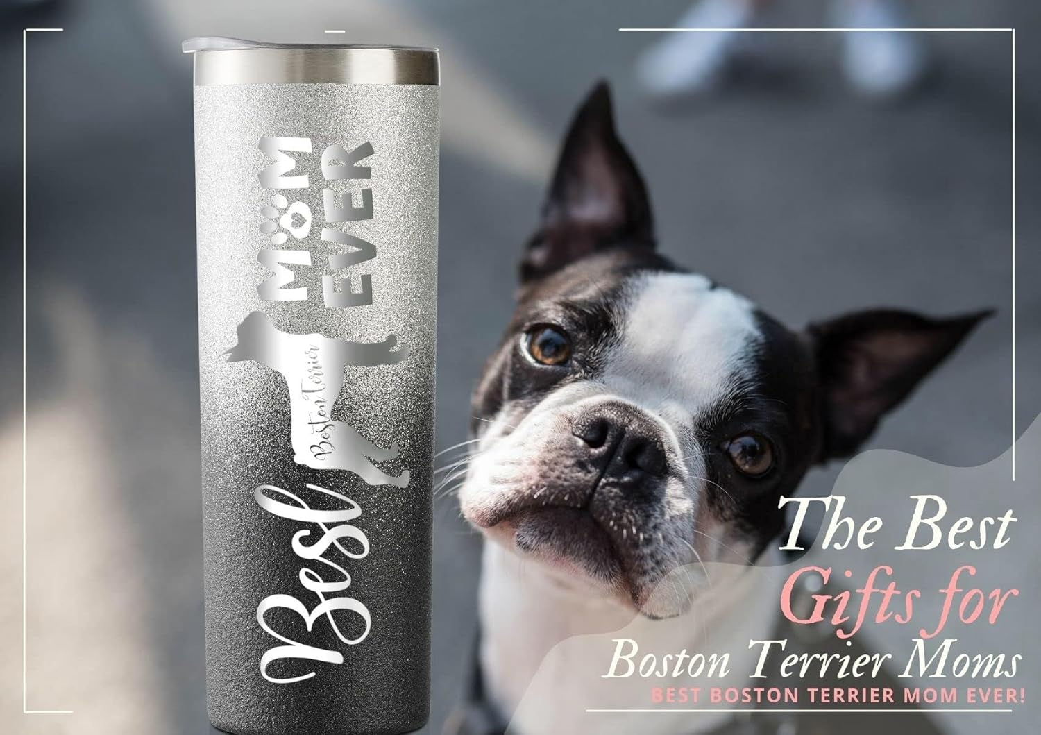 Onebttl Boston Terrier Gifts for Women, Dog Mom, Dog Lovers, 20oz Skinny Tumbler with Lid&Straw for Christmas, Birthday, Glitter Black & Silver, Best Mom - Image 2