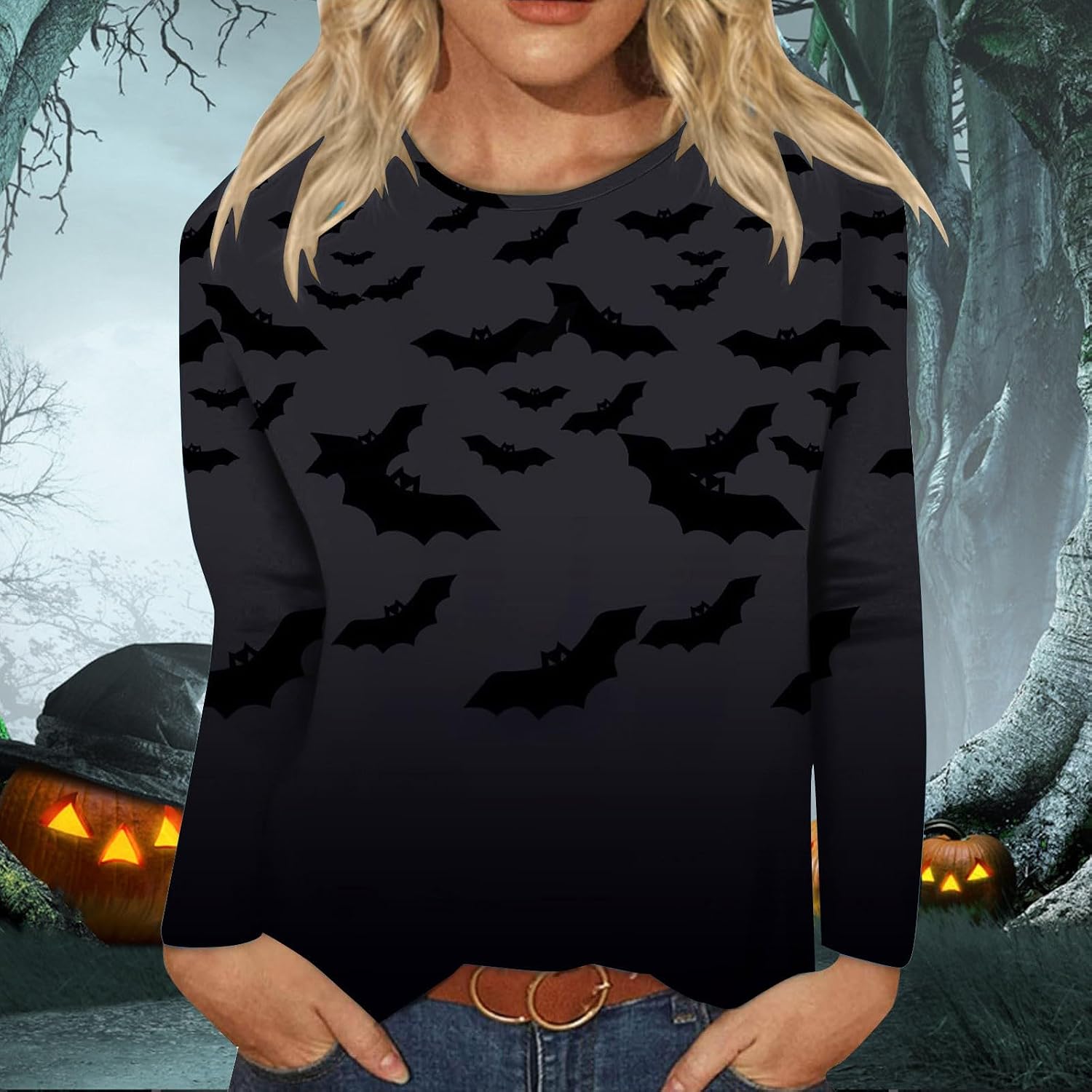 Heevina Halloween Long Sleeve Shirts for Women Crewneck Floral Pumpkin Bats Spiders Printed Halloween Shirts Woman