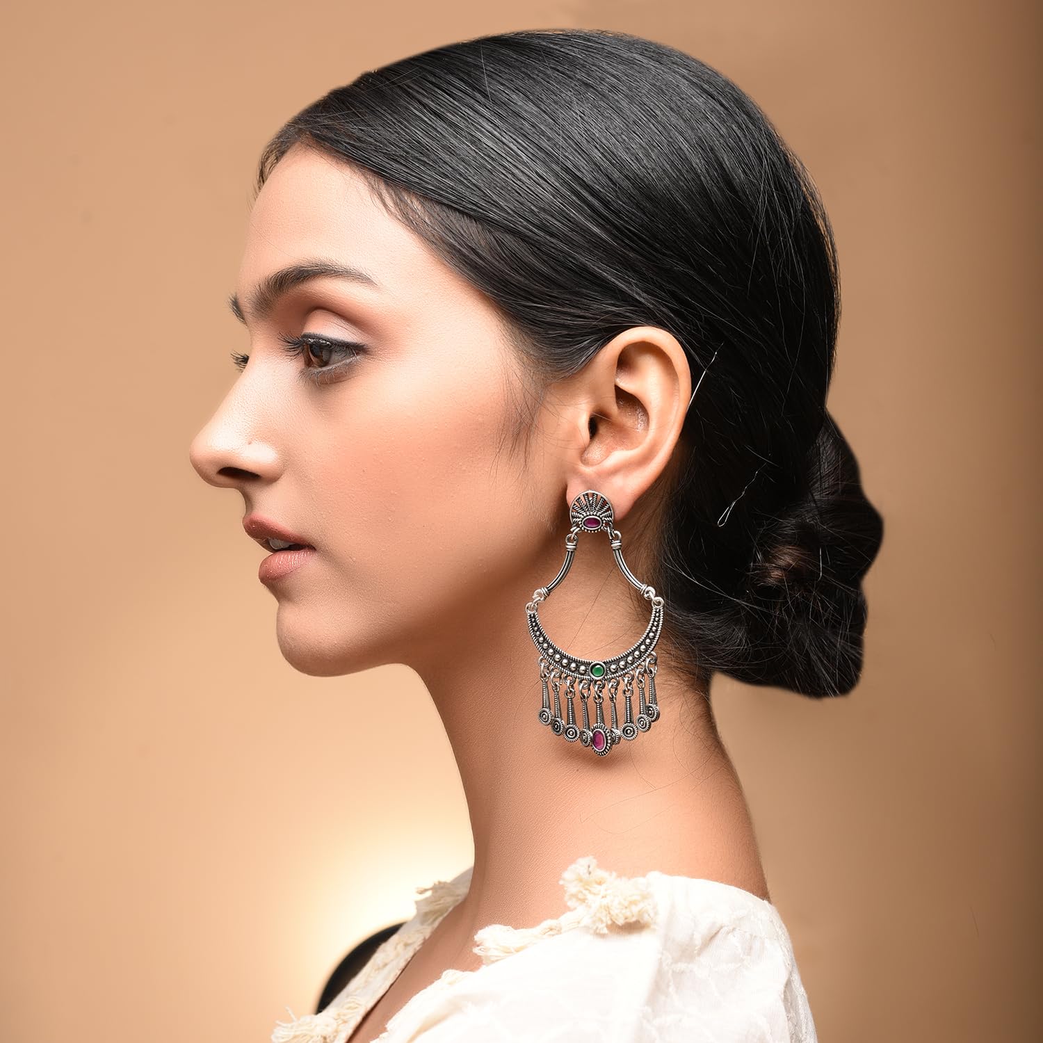 Pranali Silver Oxidised Earrings Anti Tarnish, Light Weight