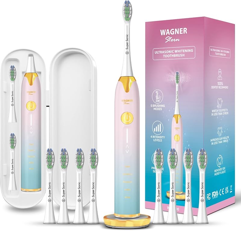 Wagner Stern Ultrasonic whitening Toothbrush with Pressure Sensor. 5 Brushing Modes and 4 Levels of Intensity, 8 Soft bristles, Travel case.