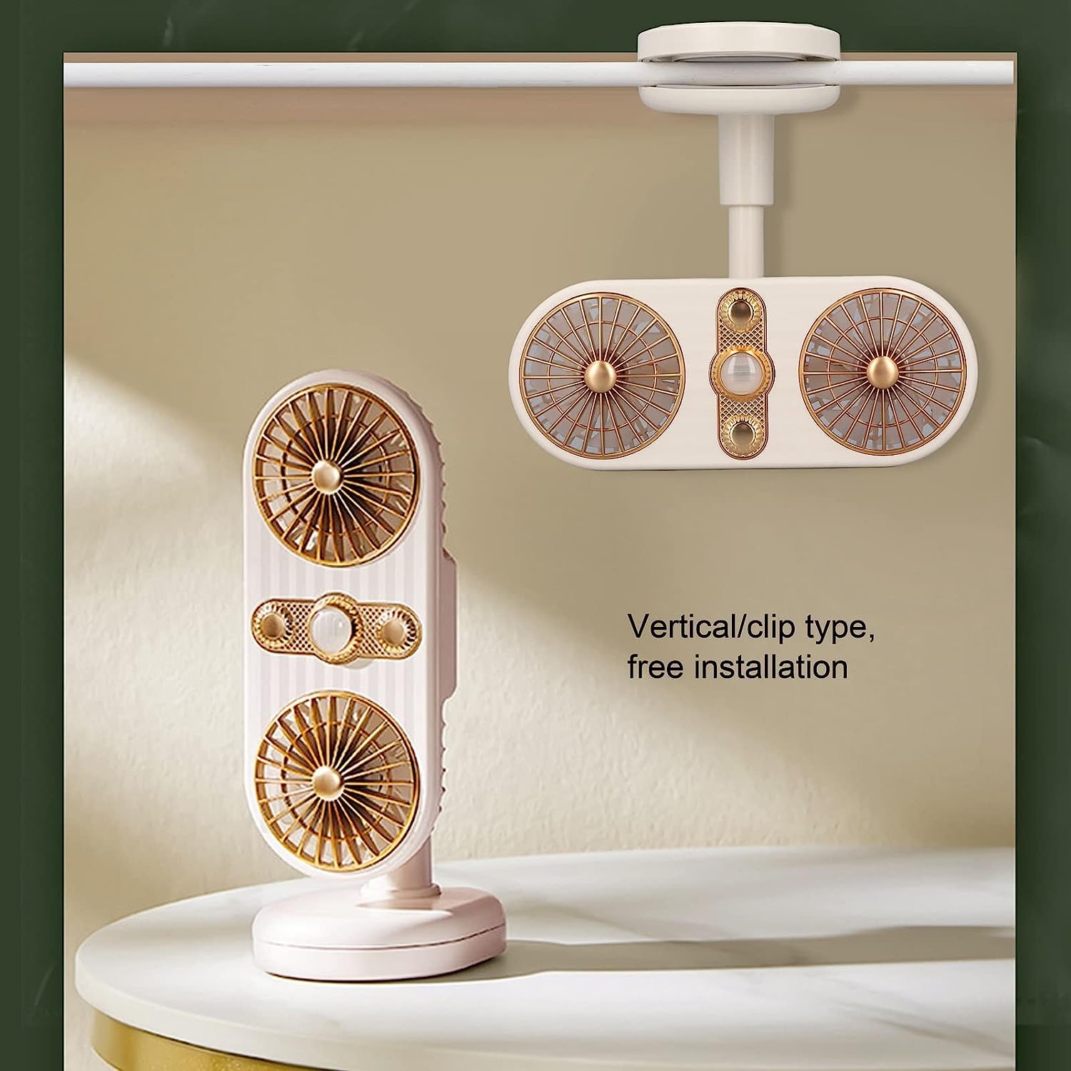 ZUMAHA Fan Ventilatore da scrivania a Doppia Ventola, Mini Ventilatore Portatile con Ricarica USB, Ventilatore Personale Verticale/a Clip, Ventola Regolabile a 360° Utile