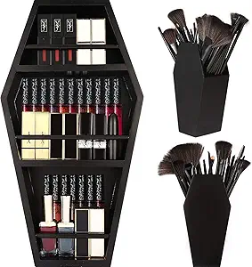 nanayo Makeup Coffin Shelf And Brush Holder – 3 Shelf Makeup Holder for Gothic Decor – Free Standing or Wall Hanging Organizer Spooky Coffin Decor for Bedroom or Bathroom