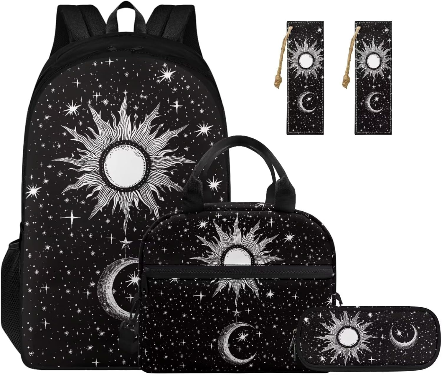 Ystardream Stylish Starry Sky School Bags for Girls Kids Backpack and Lunch Box Set Pen Case Set of 4 Pcs Boys Sun Moon Bookbags Casual Daypack for Camping Outdoor Travel Sports,Black