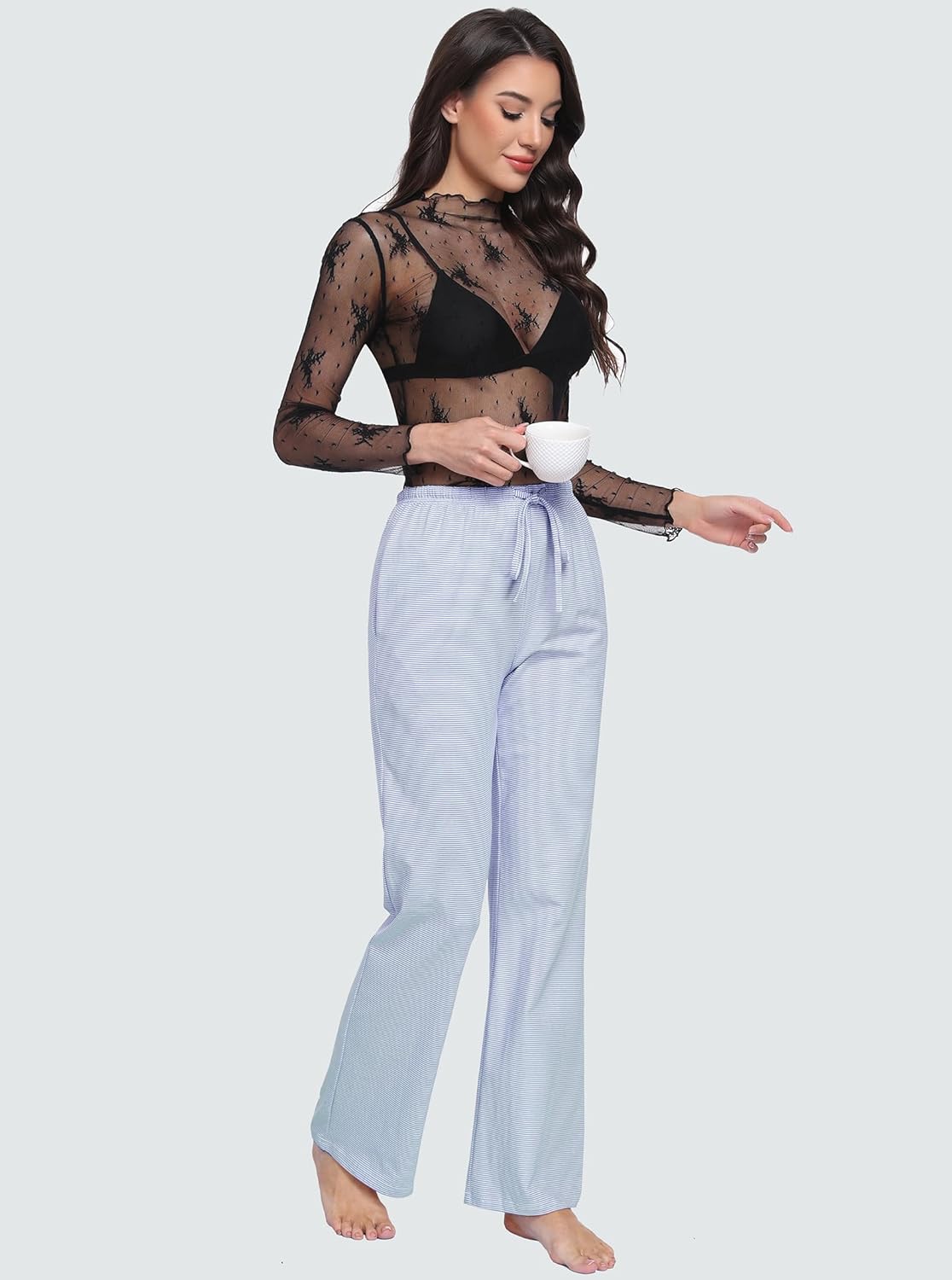 Women's Pajama Pants Wide Leg Striped Cotton women Drawstring Lounge Pj Pants with Pockets - Image 7