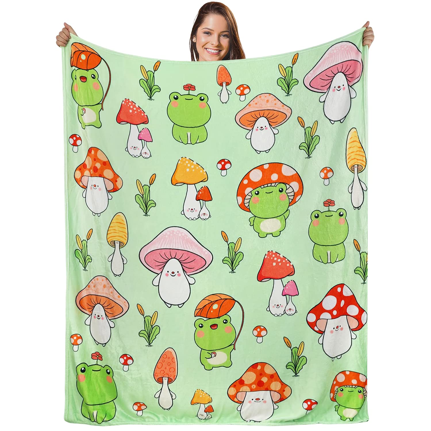 Mufunne Girls Frog Mushroom Blanket, Aesthetic Gifts For Women Teens, Cozy Soft Lightweight Kawaii Green Throw Plush Blanket, Cute Frogs Mushroom Decor Stuff, 50X60 Inch