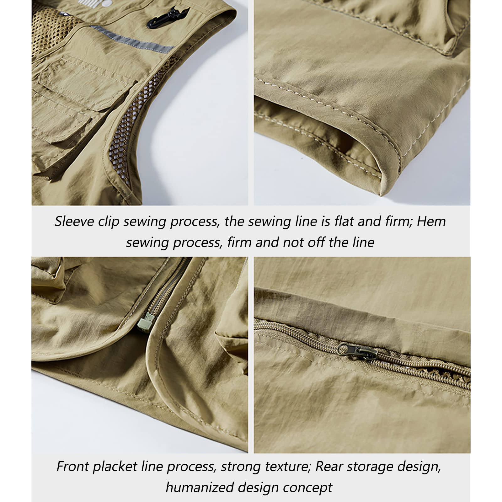 Hombres Chaleco de Pesca Secado Rápido Malla Respirable con Multibolsillos para Fotografía Caza Cámping(Size:L,Color:Caqui)