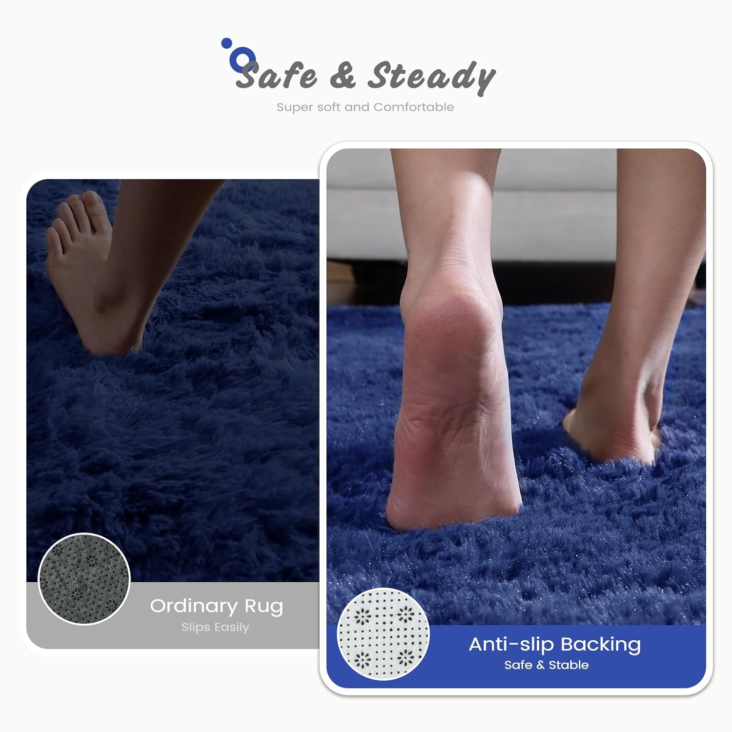 Modern Soft Fluffy Small Shaggy Rug for Bedroom Livingroom Dorm Kids Room Indoor Home Decorative, Non-Slip Plush Furry Fur Area Rugs Comfy Nursery Floor Carpet 7X10 Feet, Light Navy