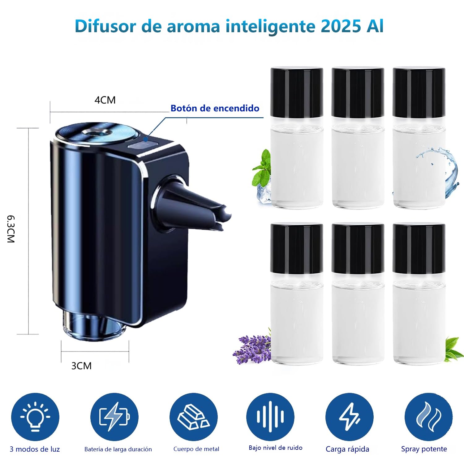 AI Eléctrico Ambientador Coche con 6 perfumes, Nebulizador Ultrasónico, 3 Modos Inteligentes, Encendido/Apagado Automático, Batería Incorporada, Perfume Francés Natural,Fragancia Hasta 12 Meses CFK-6Z
