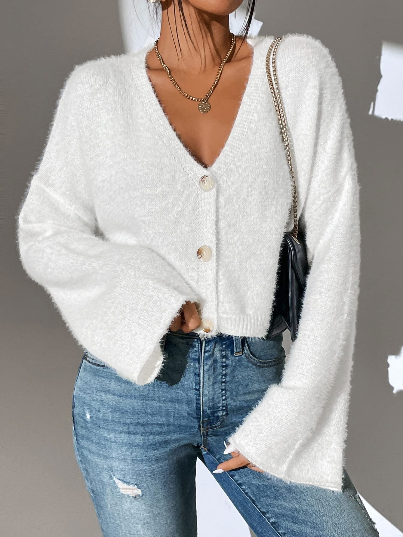 Amazon.com: Cardigan for Women Fluffy Knit Drop Shoulder Cardigan Cardigan  for Women (Color : White, Size : Large) : Clothing, Shoes u0026 Jewelry